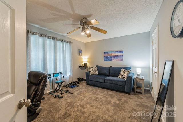8520 Wright Rd, Kannapolis, NC 28081 - carpeted living area with ceiling fan and a textured ceiling