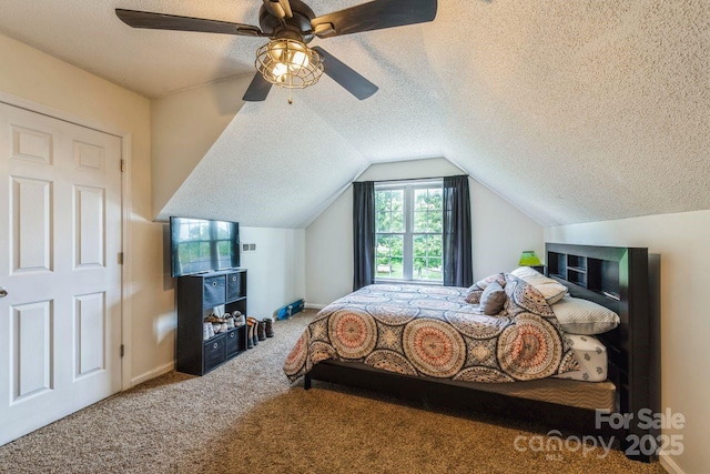 8520 Wright Rd, Kannapolis, NC 28081 - carpeted bedroom featuring lofted ceiling, ceiling fan, baseboards, and a textured ceiling