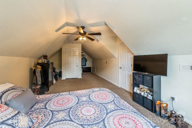8520 Wright Rd, Kannapolis, NC 28081 - carpeted bedroom featuring a textured ceiling, lofted ceiling, a ceiling fan, and baseboards