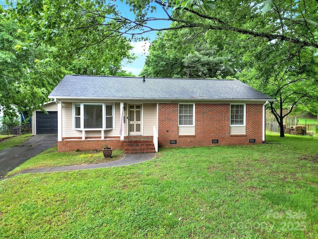 single story home featuring crawl space, a shingled roof, brick siding, and a garage