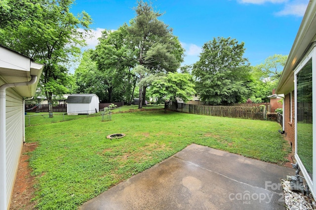 view of yard featuring a patio area, a storage shed, and an outdoor structure