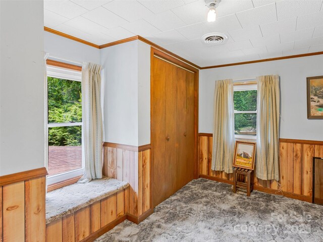 living area featuring carpet floors, wooden walls, a wainscoted wall, and ornamental molding
