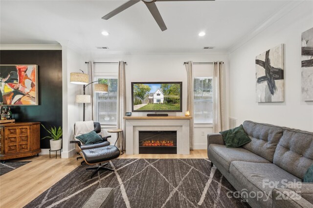 324 Elm St, Belmont, NC 28012 - living room with wood finished floors, a ceiling fan, healthy amount of natural light, ornamental molding, and a lit fireplace