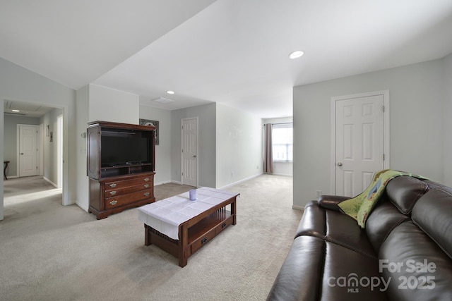 2017 White Cedar Ln, Waxhaw, NC 28173 - living area with light carpet, baseboards, recessed lighting, and attic access
