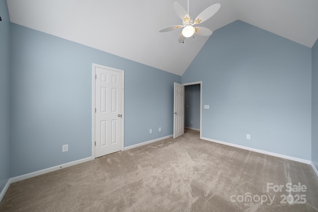 2017 White Cedar Ln, Waxhaw, NC 28173 - unfurnished bedroom featuring carpet, baseboards, ceiling fan, and high vaulted ceiling