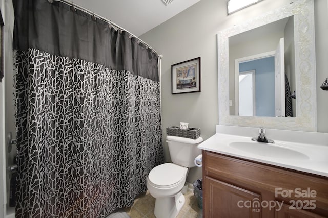 2017 White Cedar Ln, Waxhaw, NC 28173 - bathroom with toilet, vanity, a shower with curtain, and tile patterned flooring