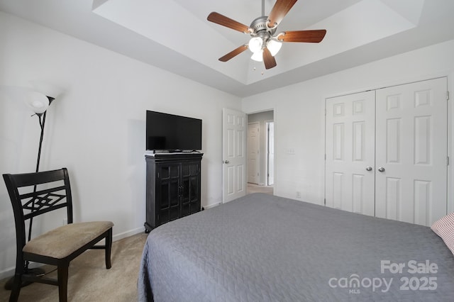 2017 White Cedar Ln, Waxhaw, NC 28173 - bedroom with light carpet, a raised ceiling, baseboards, a closet, and a fireplace