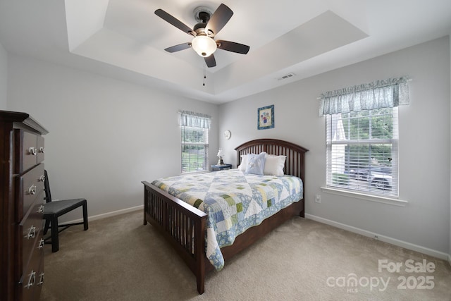 2017 White Cedar Ln, Waxhaw, NC 28173 - carpeted bedroom featuring a tray ceiling, baseboards, and ceiling fan