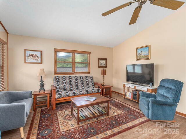 336 Stoney Ridge Loop, Maggie Valley, NC 28751 - living room with wood finished floors, ceiling fan, vaulted ceiling, and baseboards