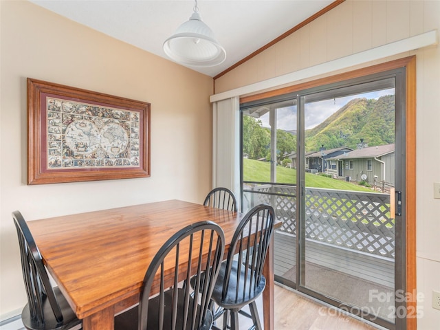 336 Stoney Ridge Loop, Maggie Valley, NC 28751 - dining room with vaulted ceiling, light wood-style flooring, ornamental molding, and a mountain view