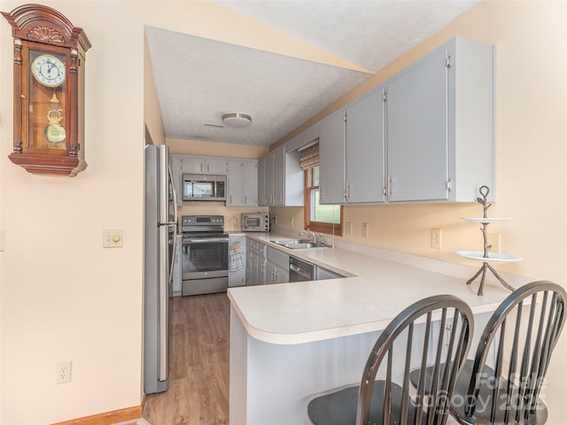 336 Stoney Ridge Loop, Maggie Valley, NC 28751 - kitchen featuring stainless steel appliances, a sink, a peninsula, light wood-style floors, and light countertops