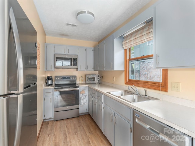336 Stoney Ridge Loop, Maggie Valley, NC 28751 - kitchen featuring appliances with stainless steel finishes, a sink, light wood-type flooring, gray cabinets, and light countertops