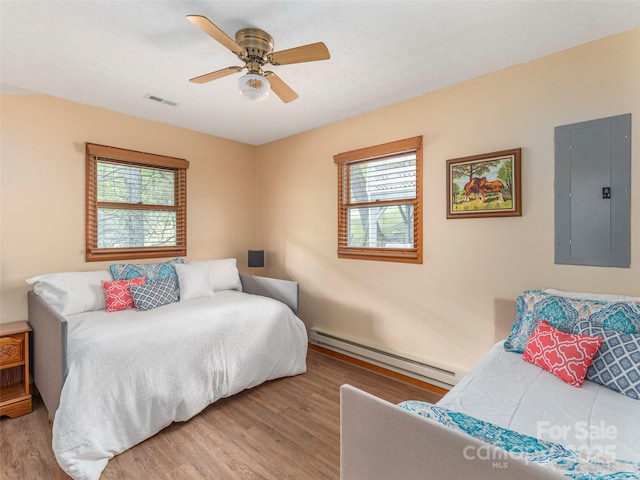 336 Stoney Ridge Loop, Maggie Valley, NC 28751 - bedroom featuring a baseboard radiator, electric panel, light wood-style floors, and multiple windows