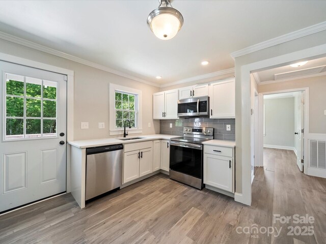 83 Woodsdale Pl SE, Concord, NC 28025 - kitchen featuring appliances with stainless steel finishes, a sink, light wood-style floors, white cabinetry, and ornamental molding
