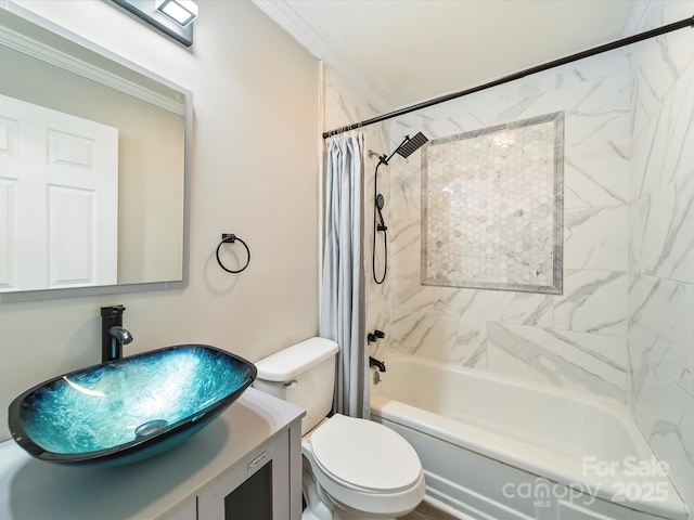83 Woodsdale Pl SE, Concord, NC 28025 - bathroom with shower / bathtub combination with curtain, toilet, vanity, and ornamental molding