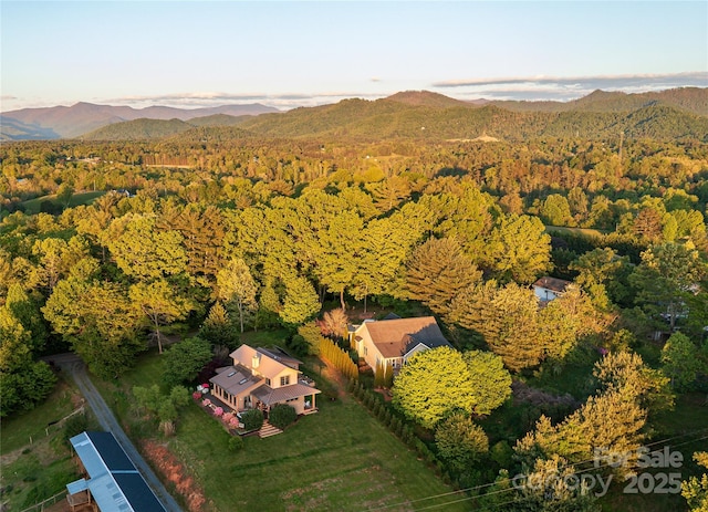 view of property location featuring a forest and a mountainous background