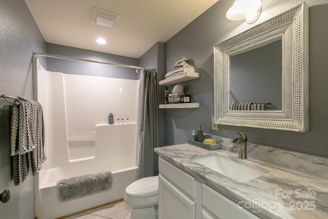 61 Creekside Way Unit G/101, Burnsville, NC 28714 - bathroom featuring toilet, shower / bath combo, vanity, tile patterned flooring, and a textured wall