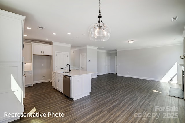 kitchen with crown molding, a sink, dishwasher, white cabinetry, and dark wood-style floors
