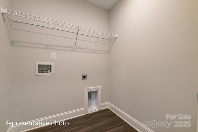 laundry room featuring hookup for a washing machine, baseboards, hookup for an electric dryer, and dark wood-type flooring
