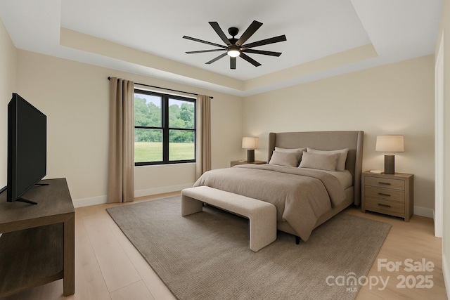 1141 Harper Lee Dr, Newton, NC 28658 - bedroom with a raised ceiling, a ceiling fan, and light wood-style floors