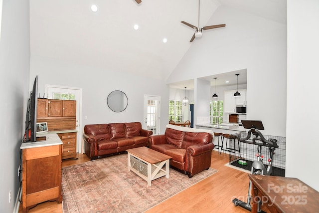 7328 S Providence Rd, Waxhaw, NC 28173 - living area featuring light wood-style flooring, high vaulted ceiling, a ceiling fan, and recessed lighting