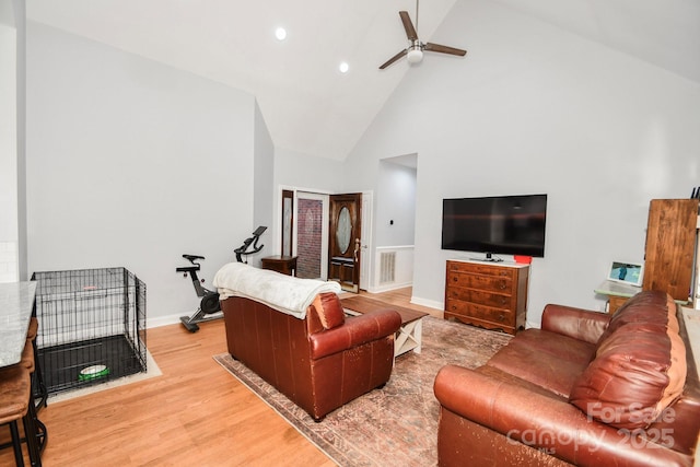 7328 S Providence Rd, Waxhaw, NC 28173 - living area with ceiling fan, high vaulted ceiling, light wood-style flooring, recessed lighting, and baseboards