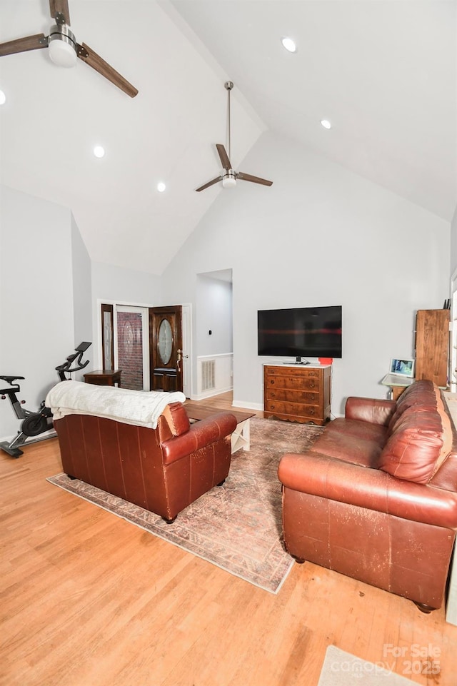 7328 S Providence Rd, Waxhaw, NC 28173 - living room featuring ceiling fan, wood finished floors, high vaulted ceiling, and recessed lighting
