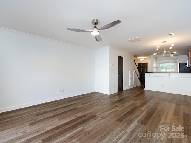 unfurnished living room with dark wood-style floors, crown molding, ceiling fan, and baseboards