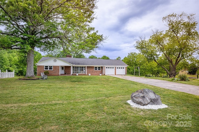 single story home with driveway, a garage, brick siding, and a chimney