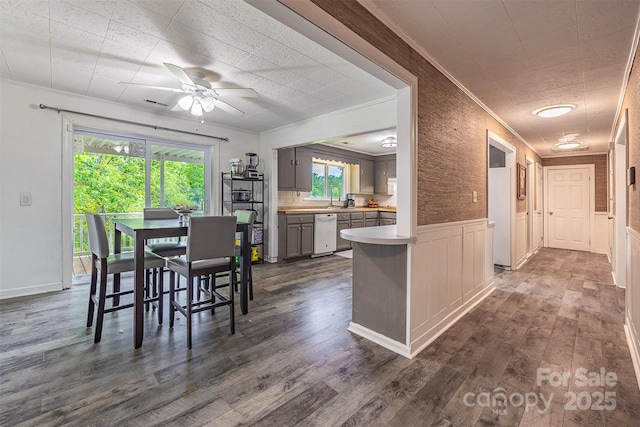 dining area featuring crown molding, dark wood finished floors, a ceiling fan, and wainscoting