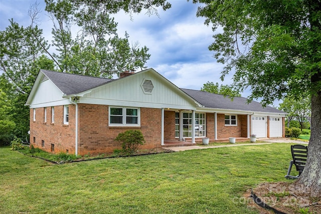 view of front of property with a garage, a front lawn, brick siding, concrete driveway, and a chimney