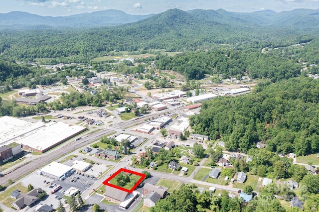 aerial overview of property's location with a heavily wooded area, mountains, and property parcel outlined