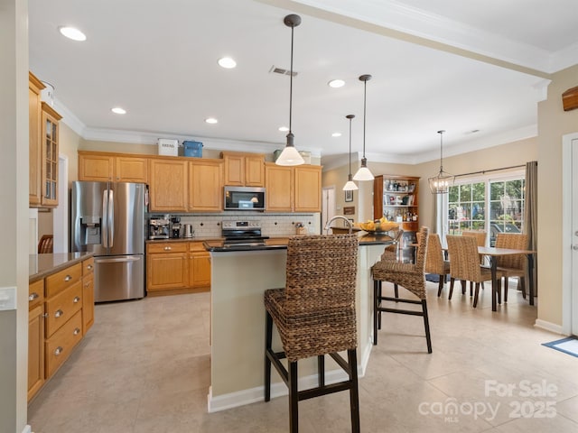 7627 Woodcrest Dr, Stanley, NC 28164 - kitchen featuring appliances with stainless steel finishes, dark countertops, a breakfast bar, decorative backsplash, and crown molding