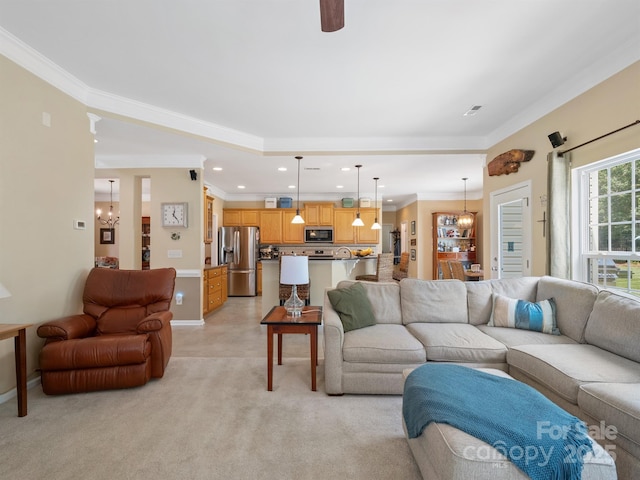 7627 Woodcrest Dr, Stanley, NC 28164 - living area featuring ornamental molding, a chandelier, recessed lighting, baseboards, and a ceiling fan