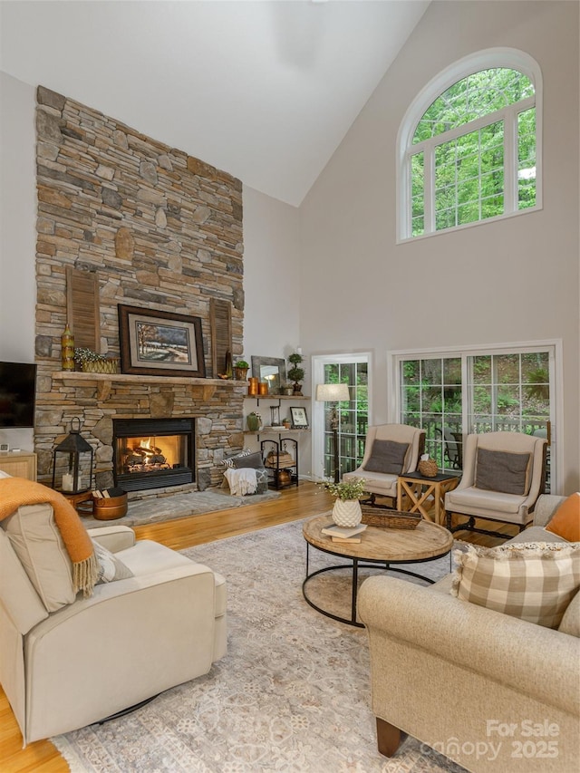 living area featuring wood finished floors, high vaulted ceiling, and a stone fireplace