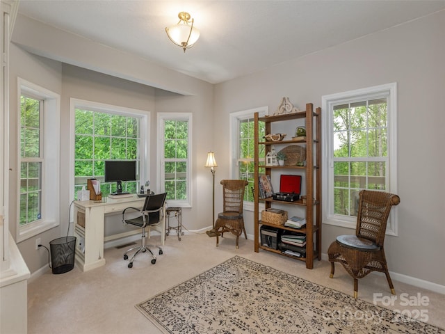 carpeted office featuring baseboards