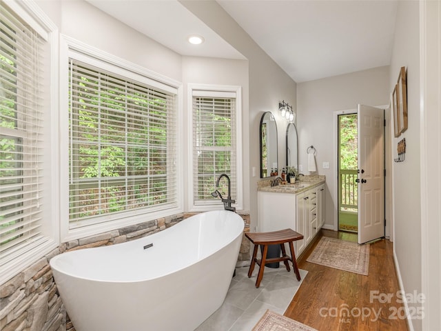 full bathroom with a freestanding tub, vanity, and healthy amount of natural light
