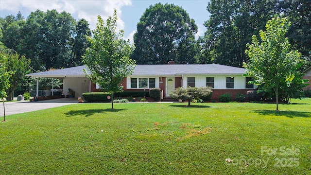 6003 Woodbridge Rd, Charlotte, NC 28227 - ranch-style home featuring a carport, concrete driveway, a front lawn, and a chimney
