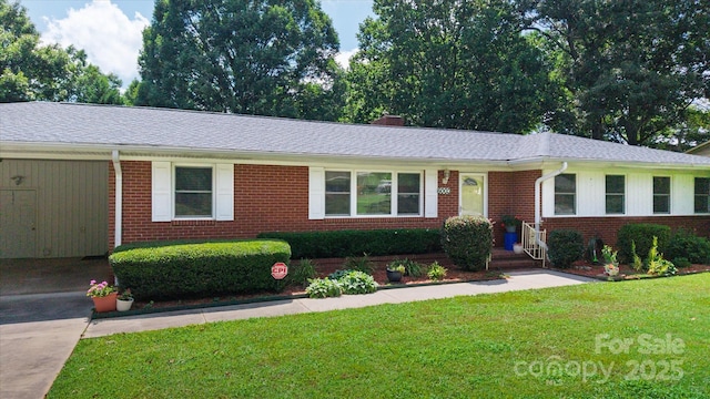 6003 Woodbridge Rd, Charlotte, NC 28227 - ranch-style home with brick siding, a front lawn, roof with shingles, and concrete driveway