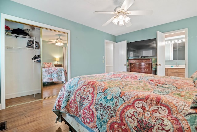 6003 Woodbridge Rd, Charlotte, NC 28227 - bedroom with wood finished floors, a closet, ceiling fan, and ensuite bathroom