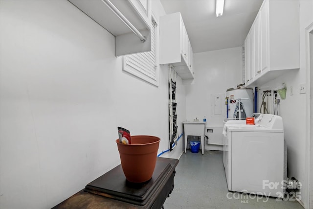 6003 Woodbridge Rd, Charlotte, NC 28227 - laundry area with water heater, cabinet space, and washer and clothes dryer