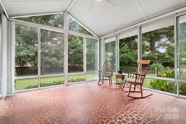 6003 Woodbridge Rd, Charlotte, NC 28227 - sunroom / solarium featuring vaulted ceiling, plenty of natural light, and ceiling fan