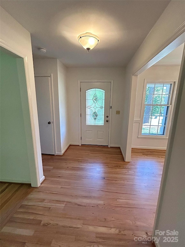 foyer with healthy amount of natural light, light wood finished floors, and baseboards
