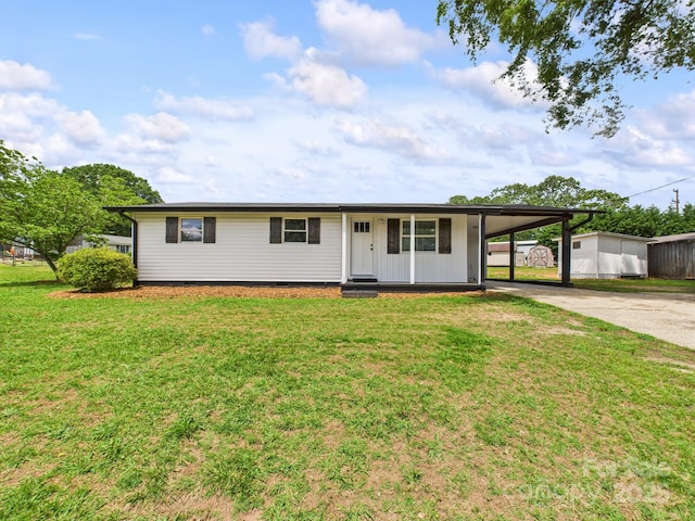 120 Hepler Rd, Taylorsville, NC 28681 - ranch-style house featuring concrete driveway, crawl space, a front lawn, and a carport