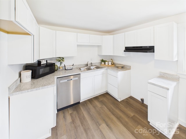 120 Hepler Rd, Taylorsville, NC 28681 - kitchen featuring stainless steel dishwasher, black microwave, a sink, under cabinet range hood, and dark wood-style flooring