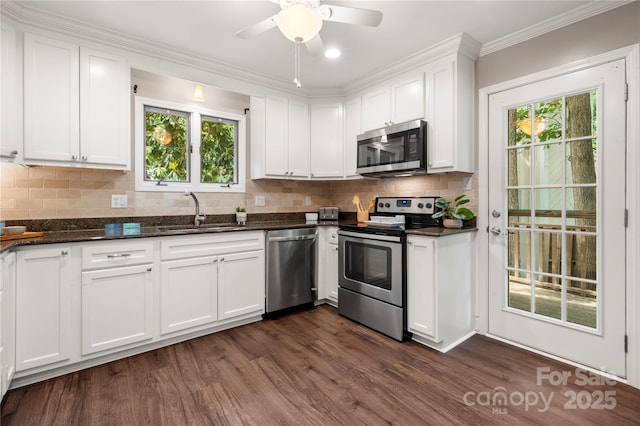 kitchen featuring appliances with stainless steel finishes, a sink, white cabinets, healthy amount of natural light, and crown molding