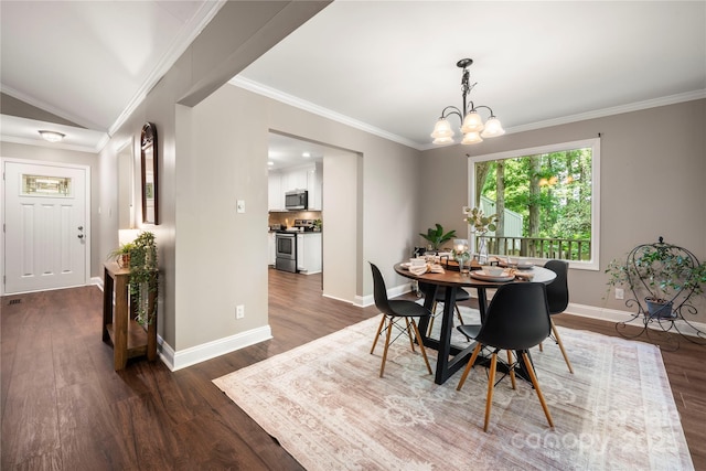 dining area with a chandelier, crown molding, dark wood-style flooring, and baseboards