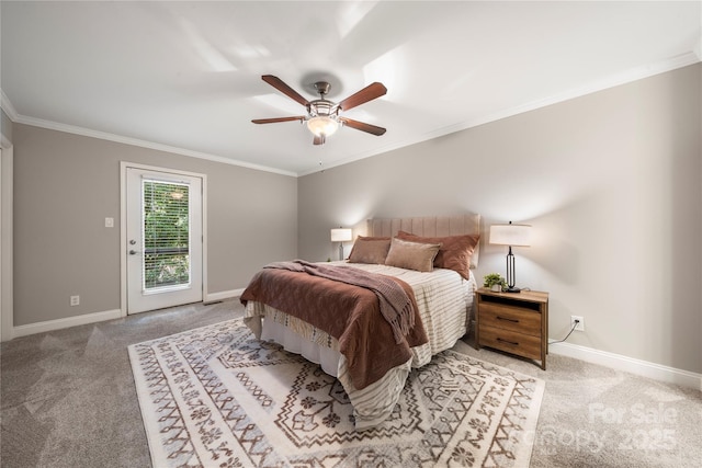 bedroom featuring carpet flooring, access to exterior, ornamental molding, baseboards, and ceiling fan