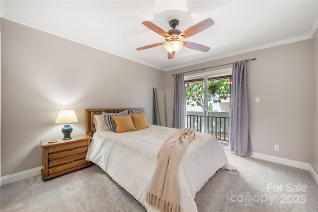 bedroom with access to outside, crown molding, baseboards, light colored carpet, and a ceiling fan