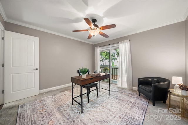office area with light colored carpet, ceiling fan, crown molding, and baseboards
